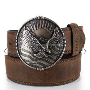 Handcrafted Textured Brown Tone Men's Leather Casual <b>Belt</b> High Finish with Heavy Western Style Eagle Oval <b>Silver</b> Antique <b>Buckle</b> - Product Image 2