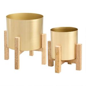 Gold Plated Metal Flower <b>Pot</b> with Wooden Stand Modern Minimalist Design for Indoor Use Desktop Planters Set of Two - Product Image 1