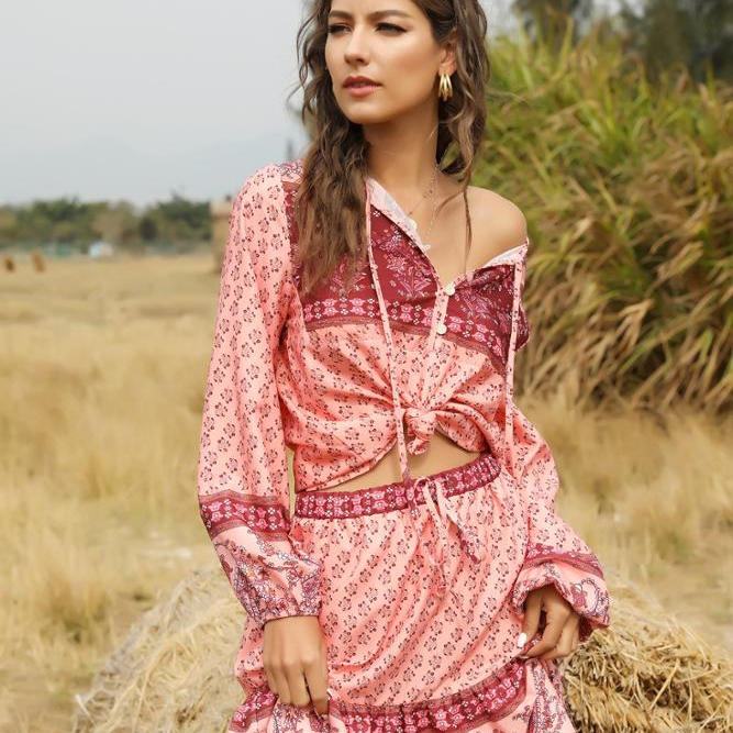 OEM Factory Design Bohemian Print Ethnic Style Women Loose Long-sleeve Dress Holiday Casual Dress