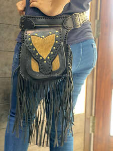 Black Leather Hip <b>Pocket</b> <b>Belt</b> Hand Stitched Waist Bags Hair on <b>Belts</b> Waist Bags Unisex - Product Image 4