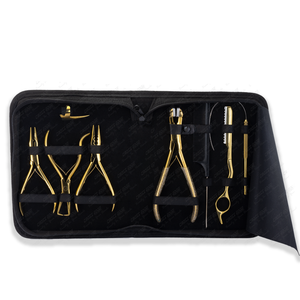 Gold micro bead hair extension tools set, <b>Tape</b> in hair extension pliers Stainless steel with packing case Pulling <b>Loop</b> & <b>Hook</b> - Product Image 1
