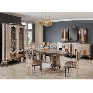 Juego de muebles tapizados de estilo Regal para comedor, Set de comedor con acabado metálico tradicional, color plata - Product Image 1