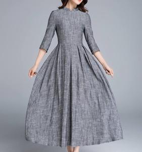 เดรสผ้าลินินของผู้หญิงแขนยาวคอกลมสีเทาอ่อนใหม่ล่าสุดแฟชั่นฤดูร้อน - Product Image 4