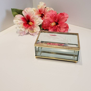 Vintage Brass And Bevelled Glass Jewelry <b>Box</b>, Etched <b>Floral</b> Jewelry <b>Box</b>, Trinket <b>Box</b> - Product Image 1