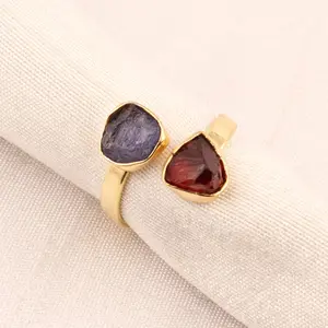 Popular Selling Natural Raw Garnet & Tanzanite Double Stone Birthstone Ring Uncut Raw Healing Crystal Minimalist Statement Rings