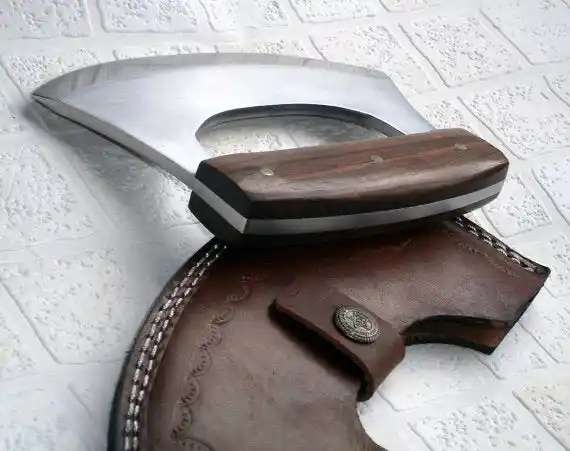 Cuchillo Ulu de acero al carbono hecho a mano, cuchillo de carnicero de acero inoxidable con Funda de cuero puro