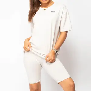 Top oversize con Logo personalizzato bianco semplice da donna e pantaloncini da ciclismo Set ultimo Twin Set per donna di alta qualità