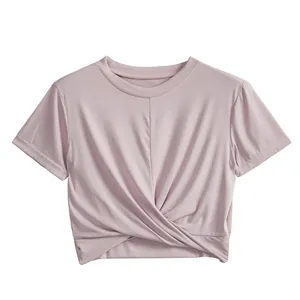 Top corto informal de manga corta para mujer, Top ajustado con cuello redondo, Color liso