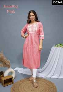 New Latest Cotton Silk Fancy Indian Traditional Embroidery Work Bandheji Printed Side Cut High-quality Fancy <b>Kurtis</b> for Women - Product Image 4