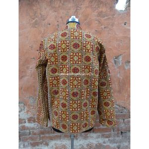 Veste courte maxi en coton jaune pour femmes, robe de chambre faite à la main, imprimé Ajrakh, broderie, vente en gros, Kantha, hiver, ethnique, tissé, Coct - Product Image 3