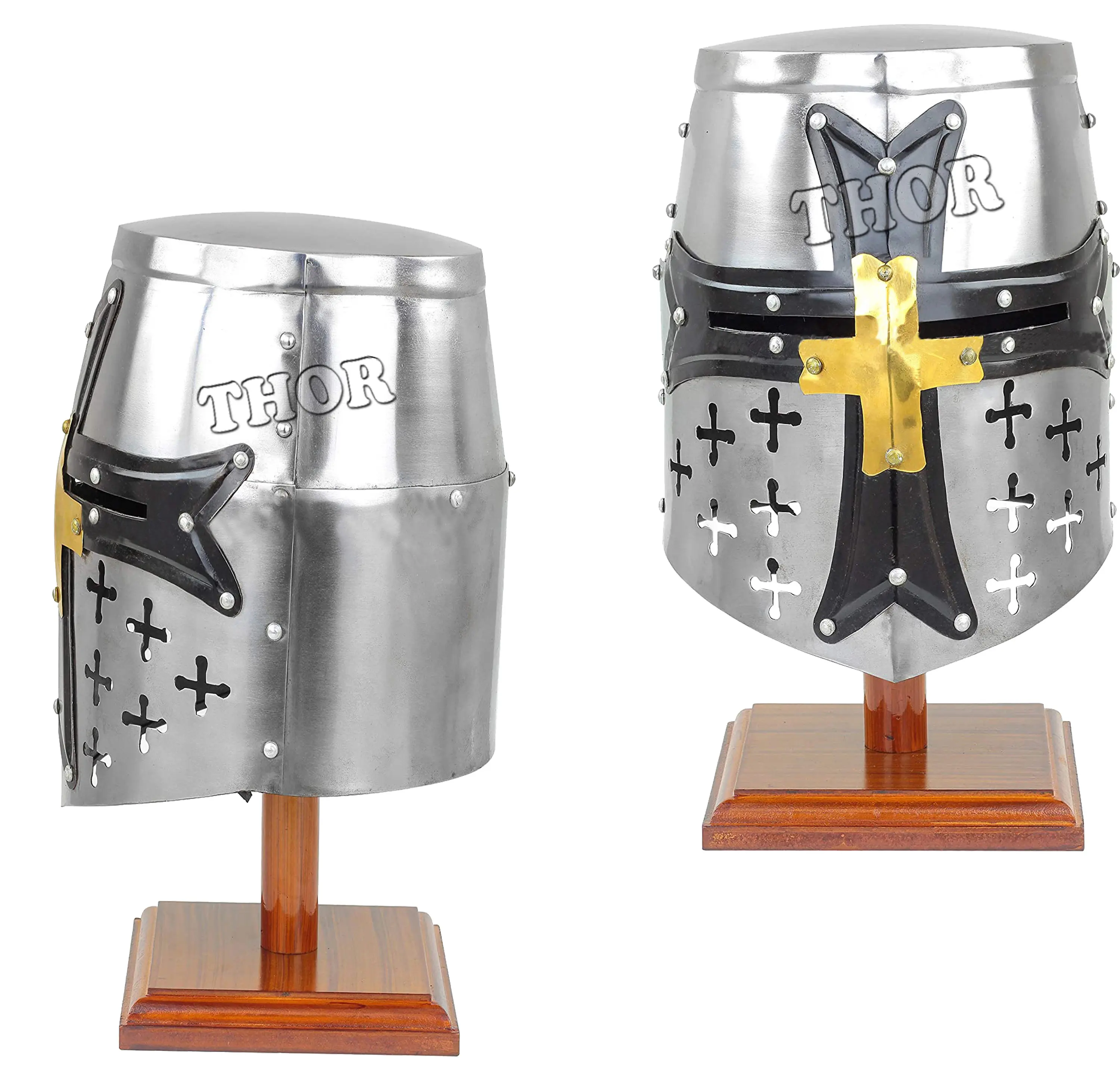 Medieval Armor Templar Crusader Knight Armor Helmet | Black Cross Greek Roman Helmet ~Chrome Polished Medieval wooden Stand