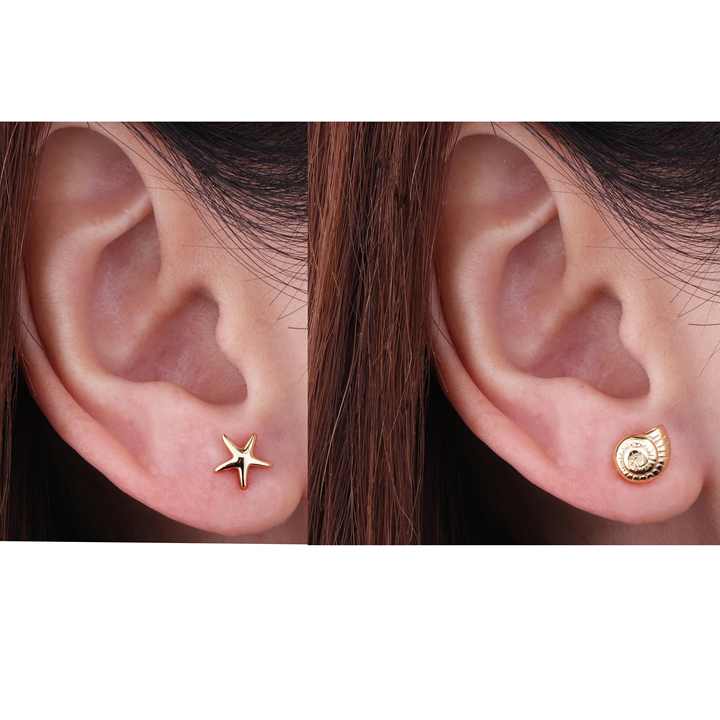9K 14K 18K Gold Stud Earring Sea Starfish Shell Polished Fashion Pierced Stud Earrings Jewelry Women