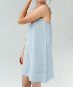 Robe Courte en Lin Bleu Clair à Bretelles Fines, Sans Manches, Col Carré, Formelle, d'Été, pour Célébrations et Vacances, Respirante, Tissée, Unie - Product Image 5