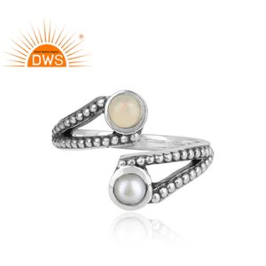 Anillo de Plata de Ley 925 con gema de ópalo blanco y Perla blanca para mujer, sortija oxidada, joyería - Product Image 2