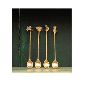 Cuillère à café et à épices en laiton, avec fourchette et poignée en forme de feuilles, outil et cadeau pour le thé - Product Image 6