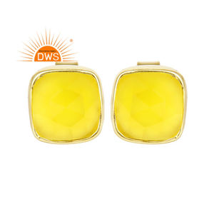 Boucles d'oreilles en calcédoine jaune plaquées or 14 carats, argent 925, boucles d'oreilles à clous en forme de coussin, coupe rose, fournisseur de bijoux, collection classique - Product Image 1