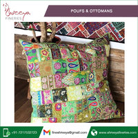 Pouf Ethnique Vintage de 32 Pouces, Grandes Poufs Bohème Marocain, Fait à la Main, Tissu de Jute, Bambou, Art Indien, Décoratif