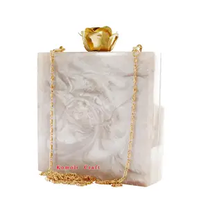 White glitter square handmade resin acrylic box clutch with flower knob