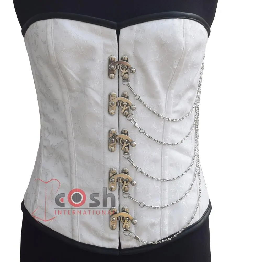 COSH CORSET Overbust Steel boned White Brocade Korsett mit schwarzem Leder besatz Brokat Steampunk und Gothic Korsett Vendors