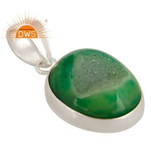Natural Green Druzy Agate Gemstone Pendant Fine Women's Gift Jewelry Supplier Oval Shaped 925 Sterling Silver Pendant Jewelry - Product Image 2