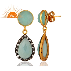 Boucles d'oreilles pendantes en argent sterling 925 plaqué or 18 carats avec zircon cubique et chalcédoine aqua en forme de poire pour mariage et soirée - Vente en gros - Product Image 3