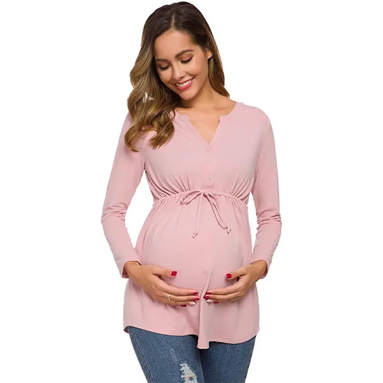 V-neck Plain Long Sleeve Nursing Maternity Shirt