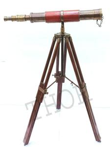Telescopio de madera de cuero antiguo náutico con trípode, soporte de latón de 18 pulgadas - Product Image 3