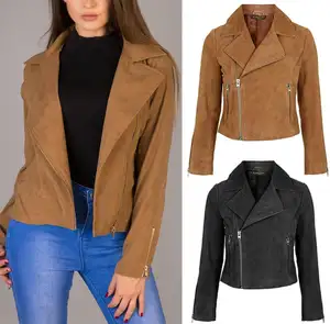 Best Quality Women Faux Suede Long Sleeve Side Zip Black Tan Biker Jacket Coat 6-14 UK - Wholesale Price