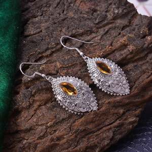 92.5 <b>Silver</b> 10.1 Gram Marquise Shape 2"<b>Long</b> Handmade Natural Yellow Citrine Dangling <b>Earring</b> Wholesale Manufracture - Product Image 3