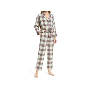 Pijama de sarga de algodón cepillado a cuadros para mujer, traje de dormir con logotipo personalizado