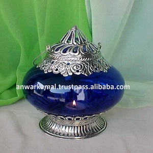 Decorative Antique Metal Tealight <b>Lantern</b> Blue Glass & <b>Silver</b> Brass Hanging Tealight <b>Lantern</b> - Product Image 3