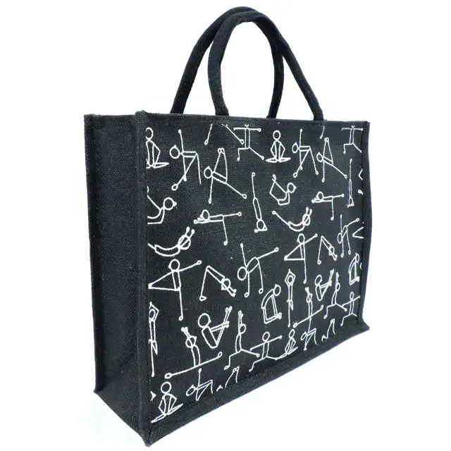 Jute Einkaufstasche mit Yoga Promotion Juta Handtasche Hersteller aus Indien West Bengal Jute Einkaufstasche mit Allover Print