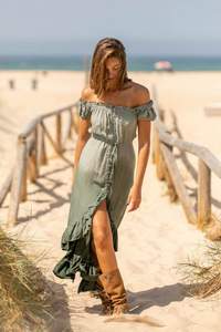 ชุดเดรสยาวมัดย้อมสไตล์โบฮีเมียนของผู้หญิงชุดเดรสชายหาดเกาะอกยาวถึงพื้นเดรส100% ผ้าฝ้ายทอเอวธรรมชาติ - Product Image 3