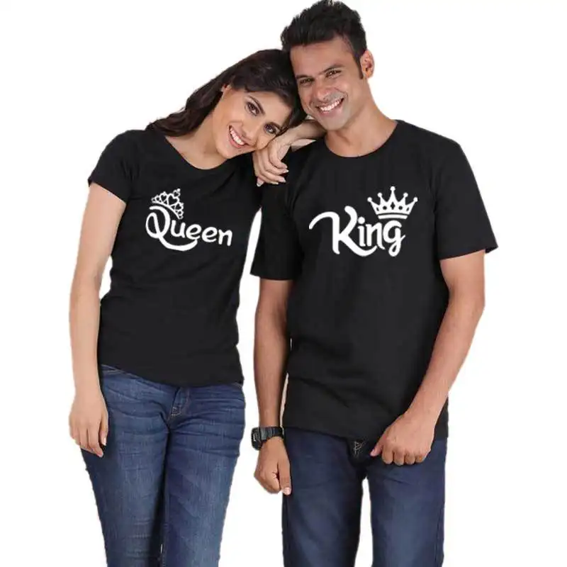 KING QUEEN Letter Printed Couple Black T Shirts