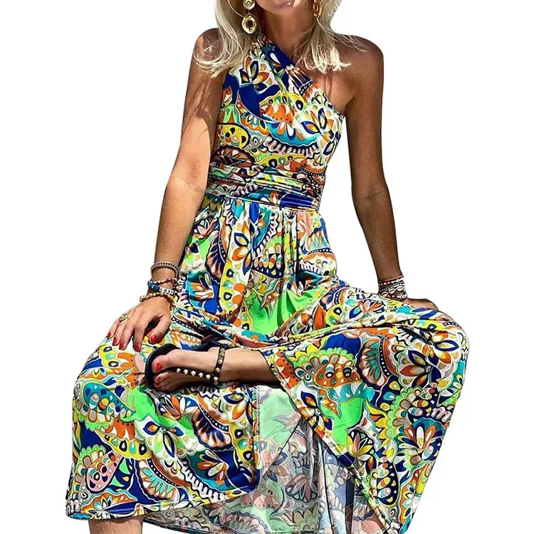 New arrivals bohemian slash neck sleeveless holiday beach 3D digital print sexy vintage maxi dress