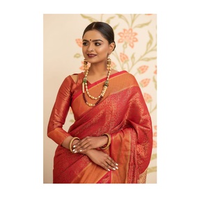 Hermoso Sari de Seda Kanchipuram con Tejidos Zari en Toda la Superficie y Borde Zari para Bodas y Fiestas para Mujer - Product Image 1