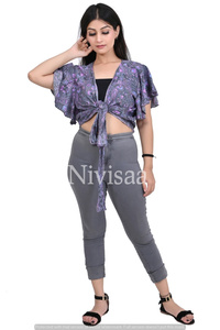 Tissu en Viscose de soie imprimé, haut court noué sur le devant, style Boho, vêtements de plage d'été, haut court pour femmes, au prix de gros - Product Image 2