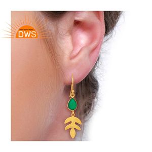 Boucles d'oreilles pendantes en argent Sterling plaqué or 14k, vente en gros de bijoux en pierre précieuse, Onyx vert naturel, fournisseur de boucles d'oreilles - Product Image 4