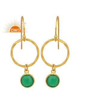 Hammer Texture 18k Gold Plated Dangle <b>Earrings</b> Silver Jewelry Natural Green <b>Onyx</b> Gemstone <b>Earring</b> Jewelry Manufacturer - Product Image 1