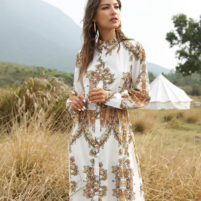 Bohemian Style Floral Printed Casual Dresses Palace Sleeve Print Shirt Sleeve Dress