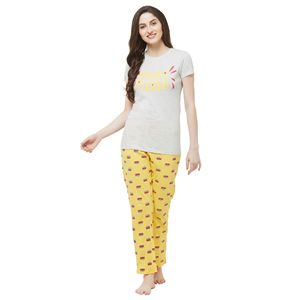 Evolove Conjunto de pijama de punto de algodón 100% para mujer Traje de noche crudo y amarillo para el verano - Product Image 1