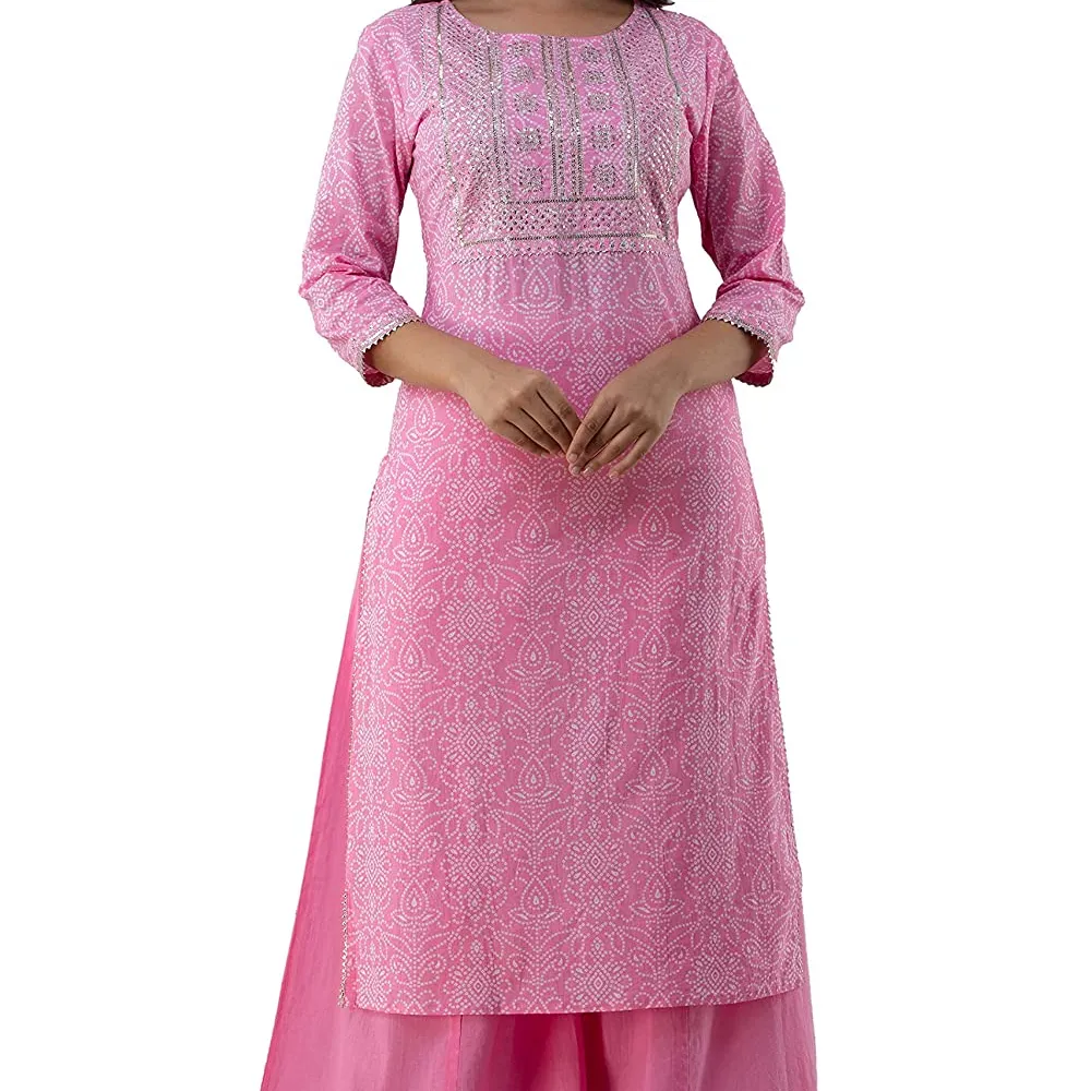 Gulmoharharjaipur Женская курта с принтом и круглым вырезом рукав 3/4 прямой комплект длины до икры (baby Pink) повседневные летние свободные тканые платья