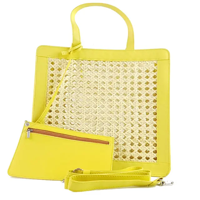 Eco Friendly High Quality Best Selling Fashion New Yellow Color Open Handbag With great PU Vietnam Lady Beach Wicker Rattan Bag