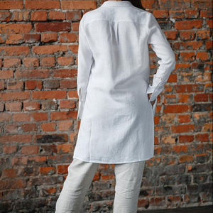 Vestido Camisero Largo de Lino 100% Blanco, Manga Larga, Corte Holgado, Cuello Camisero, Color Sólido, Transpirable, Formal, para Uso Diario de Verano - Product Image 2