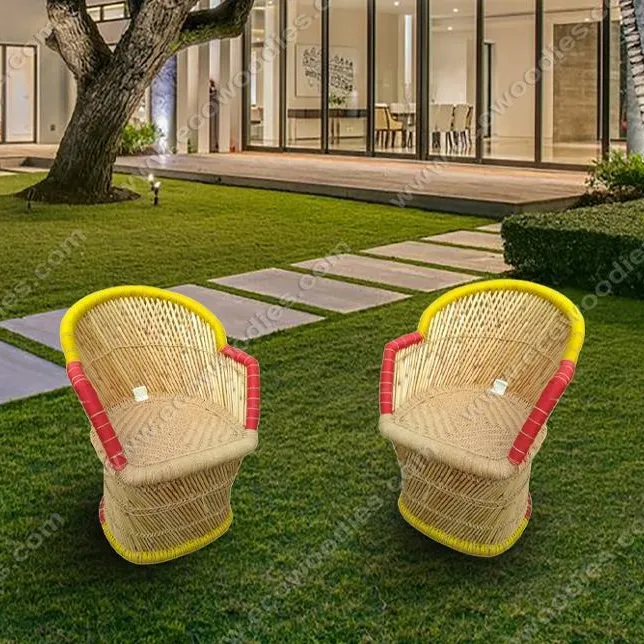 Silla de bambú hecha a mano con bordes tejidos, redonda, roja y amarilla, Ideal para salón de jardín, venta al por mayor