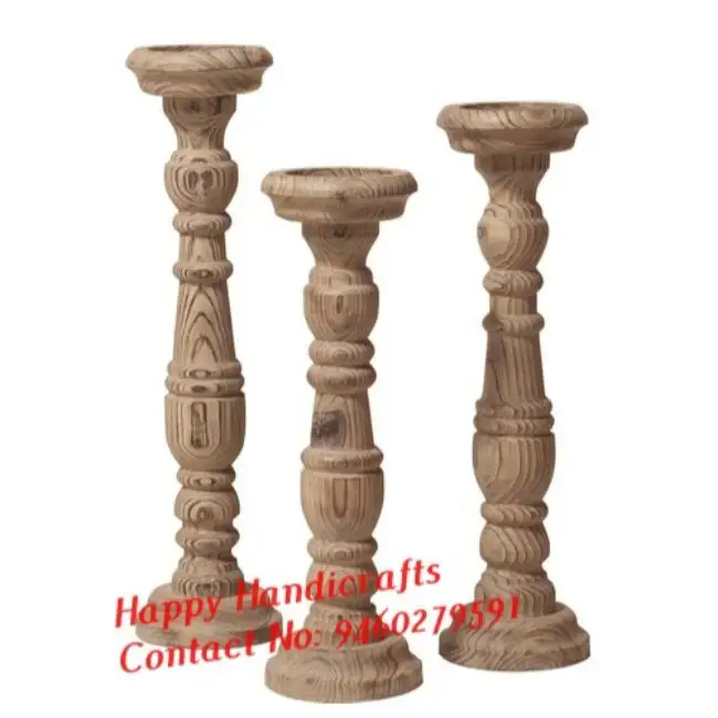 Antique Vintage Wooden Long Stem Tall Stand Candlestick Candle halter (Set Of 3)