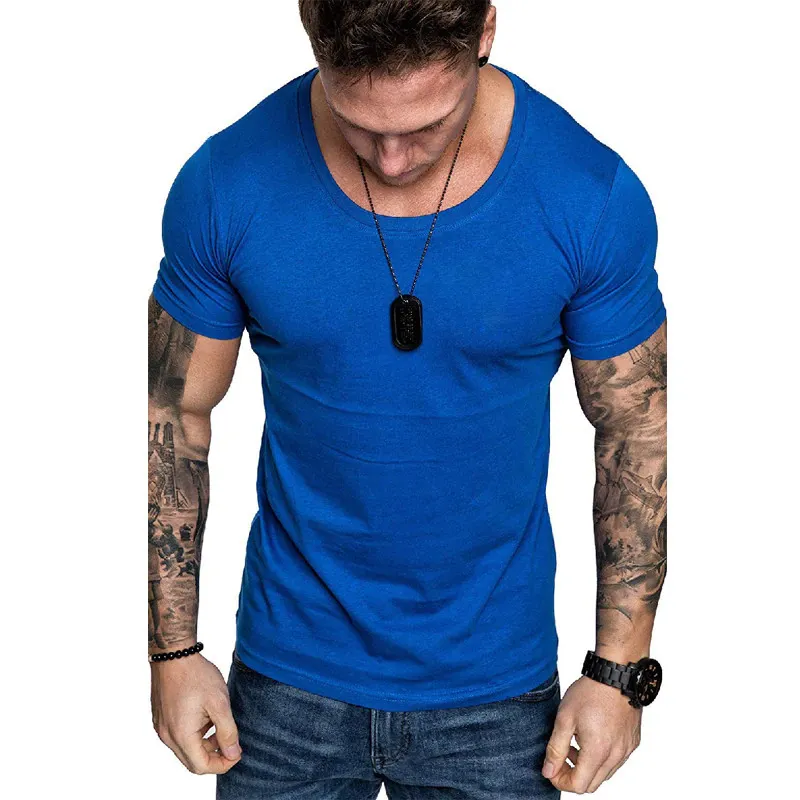 Royal Blue Skin Fitting Male T Shirt 96%Cotton4%Polyester Plus Size T Shirt For Men Gym Training Breathable Sportswear T Shirt