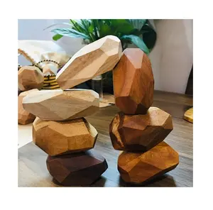 Hot selling 10pcs natural colorful wooden balancing stone toy educational diy wooden building block stacking game for children