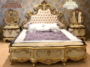 Meubles de chambre à coucher luxueux faits à la main avec finition dorée, ensemble de meubles de chambre à coucher classiques sculptés à la main, villa européenne, lit en bois massif - Product Image 2