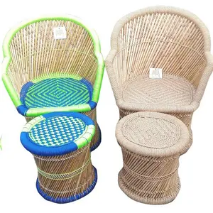 2023 Moderne handgemachte Bambus Rattan Stuhl 2er Set mit Hockern Hocker für Wohnzimmer Büro Cafeteria Stuhl Set zum besten Preis
